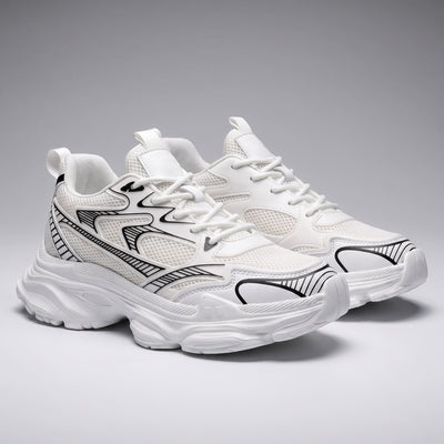 FORCIANO ZEPHYRA White Height Increasing Sneakers for Women shown as a pair from a front three-quarter angle with breathable mesh and black accents.