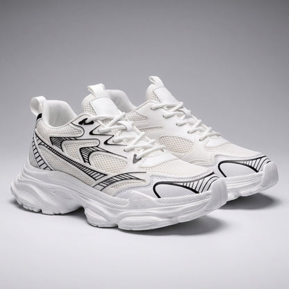 FORCIANO ZEPHYRA White Height Increasing Sneakers for Women shown as a pair from a front three-quarter angle with breathable mesh and black accents.