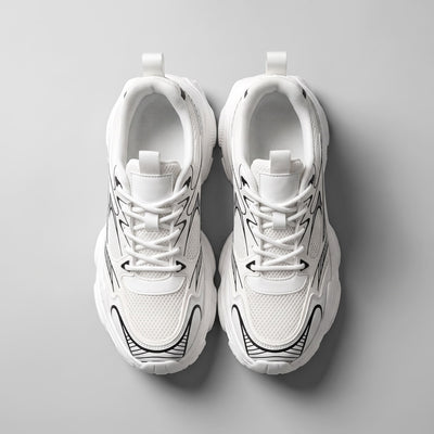 FORCIANO ZEPHYRA White Height Increasing Sneakers for Women shown as a top-view pair with breathable mesh uppers, white laces and black detailing.
