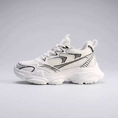 FORCIANO ZEPHYRA White Height Increasing Sneakers for Women shown in a clean side-profile view with breathable mesh and black graphic accents.