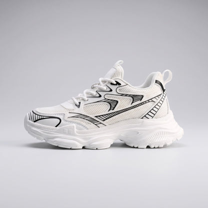FORCIANO ZEPHYRA White Height Increasing Sneakers for Women shown in a clean side-profile view with breathable mesh and black graphic accents.
