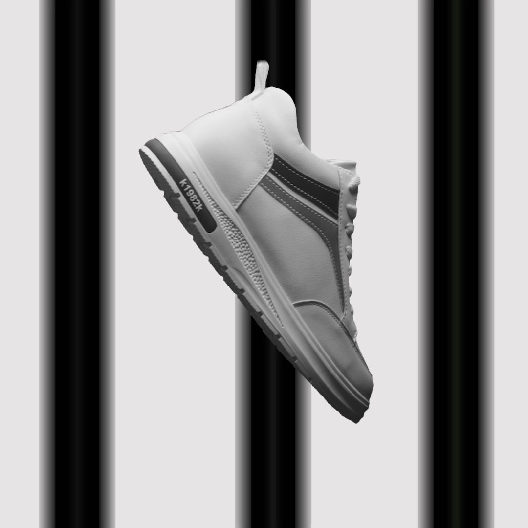FORCIANO PRIME white height increasing sneakers shown in motion with black and gray reflective accents and up to 8 cm / 3.15" discreet height increase.