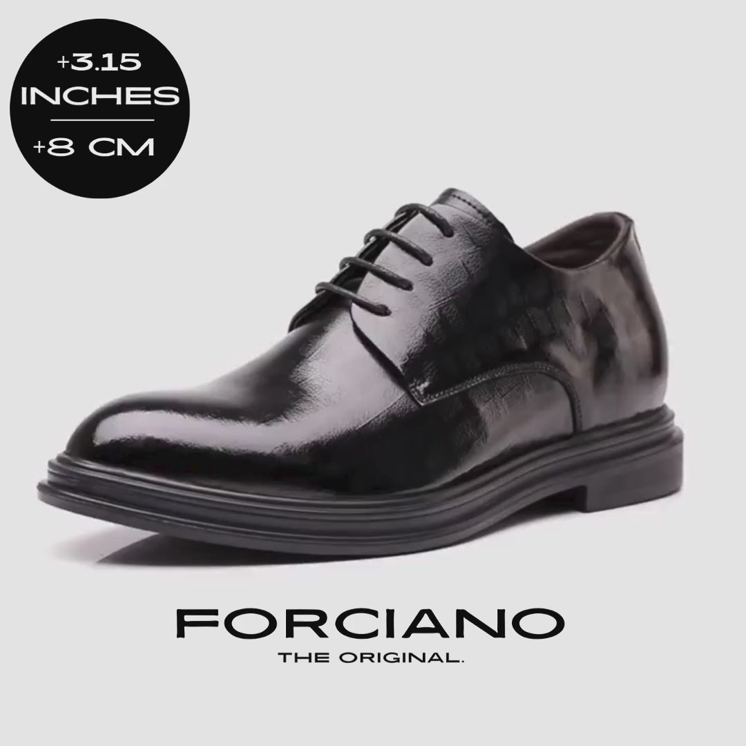 FORCIANO IMPERIAL black premium leather elevator dress shoes shown in a rotating product video with a confirmed 8 cm / 3.15" height increase.