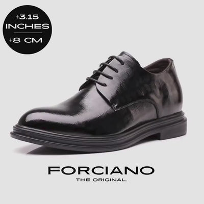 FORCIANO IMPERIAL black premium leather dress shoes that make you taller shown in a rotating product video with a confirmed 8 cm / 3.15" height increase.
