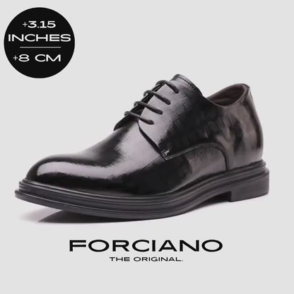 FORCIANO IMPERIAL black premium leather elevator dress shoes shown in a rotating product video with a confirmed 8 cm / 3.15" height increase.